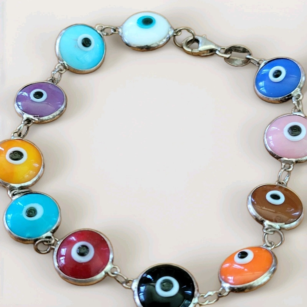 Vintage 925 Sterling Silver Multicolor Glass Evil Eye Bracelet 7"